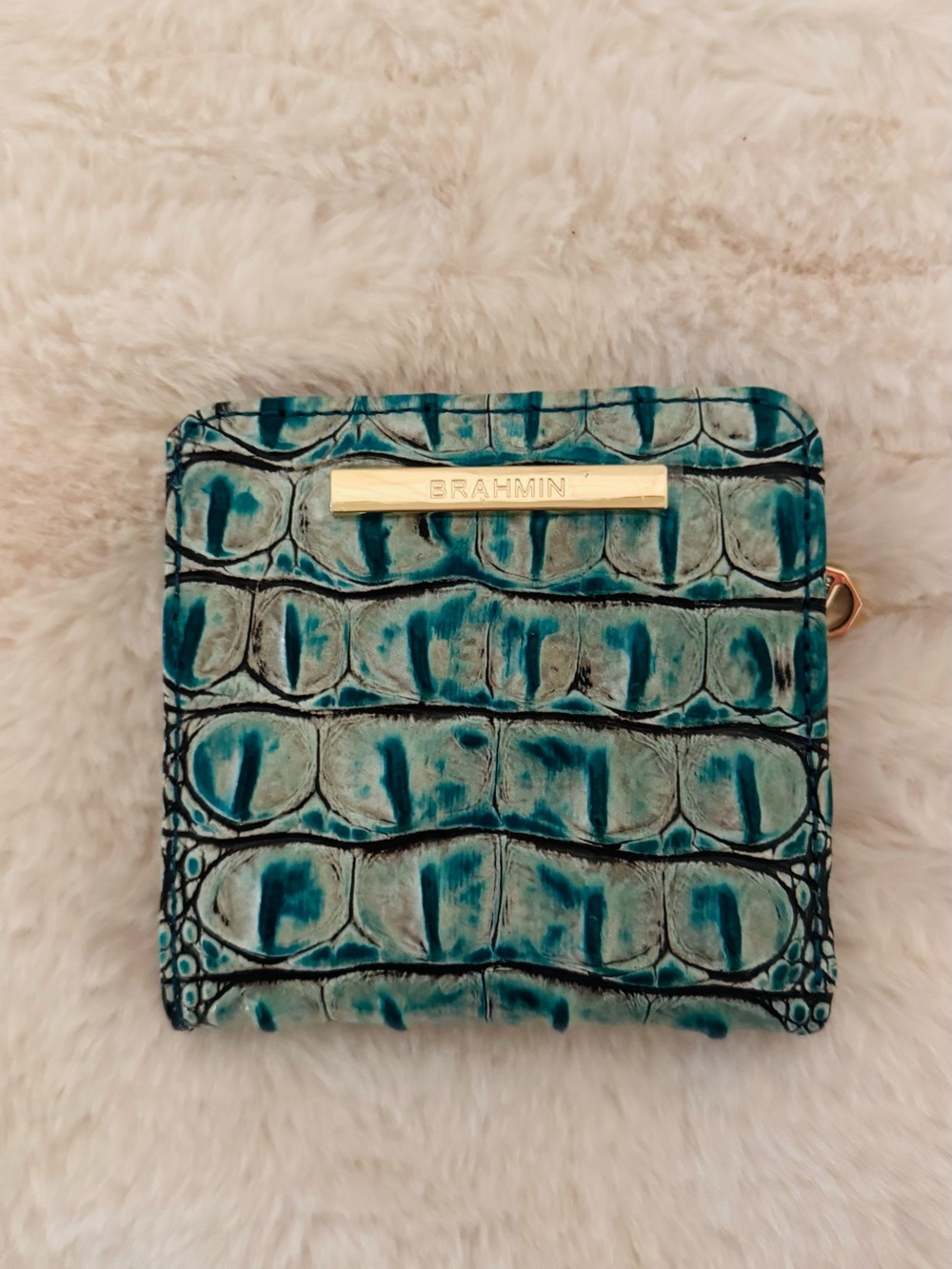 Brahmin Turquoise Croc-Embossed Small Wallet with Gold Hardware